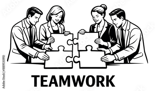 Line art illustration of business people depicting teamwork for problem solving