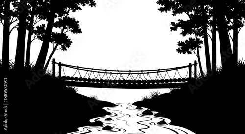 Forest suspension rope bridge over woodland stream silhouette
