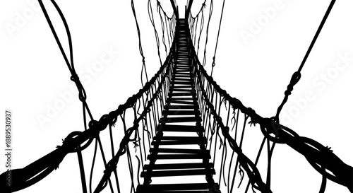 First person perspective of a rope suspension bridge silhouette