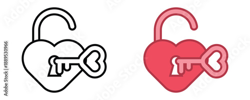 Heart shaped padlock and key icon for love and security