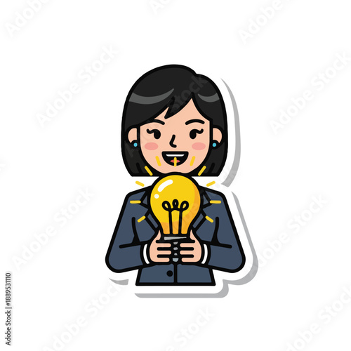 A cartoon woman holding a glowing lightbulb