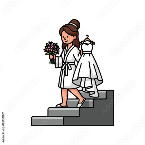 A cartoon woman in a robe holding flowers and a dress