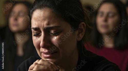 Crying woman praying passionately in an emotional group setting