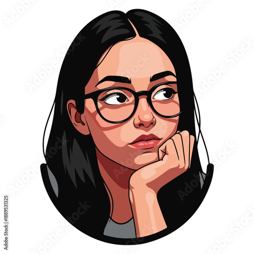 A cartoon woman with long black hair and glasses