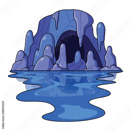 A cartoonish illustration of an icy cave surrounded by water