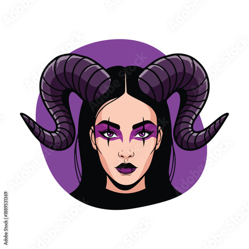 A cartoon woman with purple eyes and horns on her head