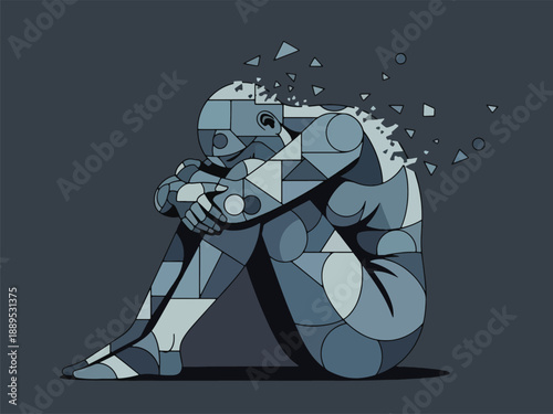 Geometric figure in fetal position fragmenting into small shapes