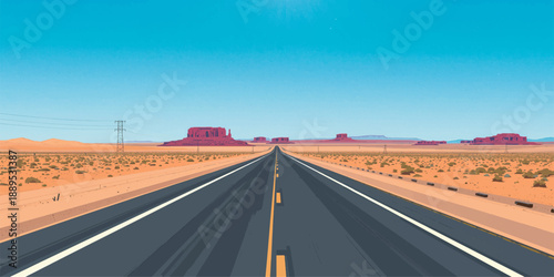 Long winding asphalt highway stretches through a vast empty desert landscape toward the horizon and a cloudy sky for a lonely summer journey