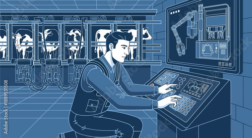 Futuristic Farm Automation: A Modern Farmer Using Technology for Efficient Dairy Production in