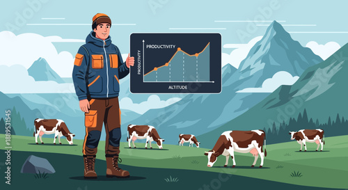 Illustration of a Farmer Presenting Productivity Graph in a Mountain Pasture with Grazing Cows