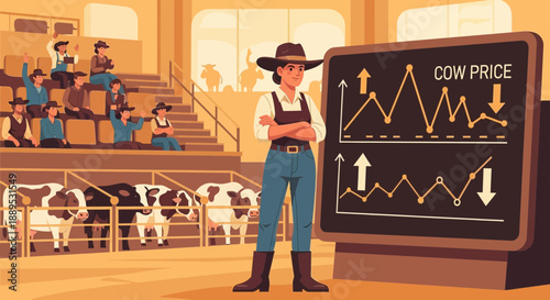 Livestock Auction Scene: Farmer Analyzing Cow Price Chart, Investors Bidding for Cattle