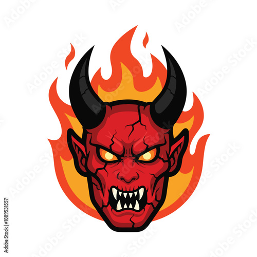 A cartoonish devil head with flames