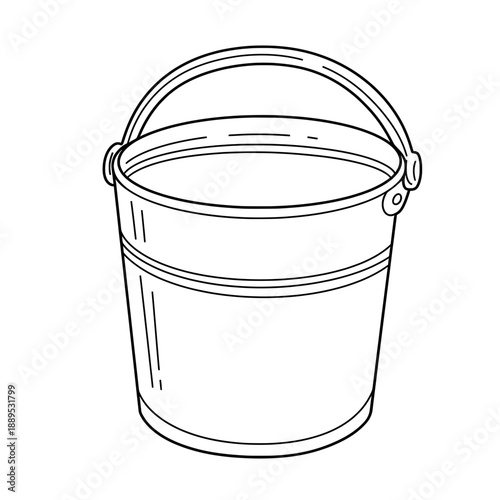 Line art depiction of a metal bucket with a curved handle, on a plain white backdrop