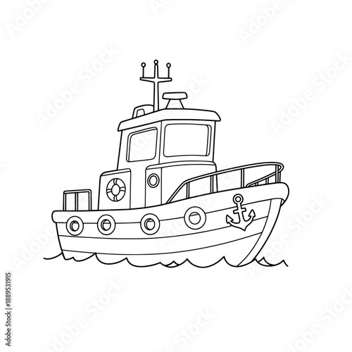 A line art drawing of a boat, featuring an anchor, portholes, life preserver, and antenna