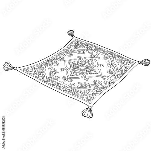 Detailed illustration of a flying carpet with tassels and detailed borders.
