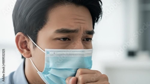 Young sick Asian man coughing while wearing a protective face mask.