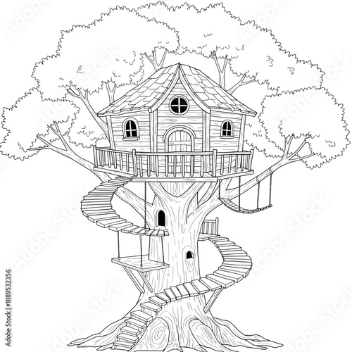 Treehouse A cute treehouse with stairways and a hammock, surrounded by trees, in line art