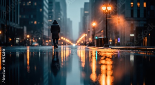 Wallpaper Mural Lone figure walks down wet city street reflecting glowing lamps after rain Torontodigital.ca