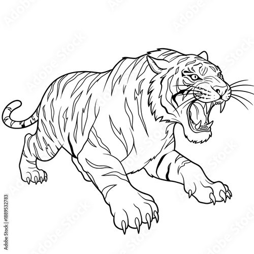 A striped tiger fiercely roars, mouth open showing teeth in a black and white image