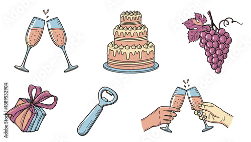 Celebration Icons with Champagne, Cake, and Gift