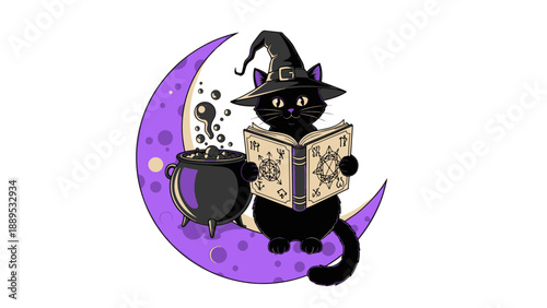 Witch Cat Reading Ancient Spellbook and Brewing Mystical Potion While Sitting on a Purple Crescent Moon