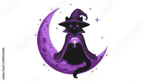 Black Cat Witch Sitting on Glowing Purple Crescent Moon Holding Magic Potion Bottle with Sparkling Stars