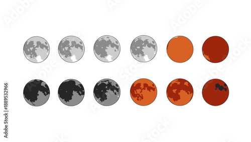 Moon Phases Graphic Showing Lunar Cycle and Blood Moon with Different Illuminations