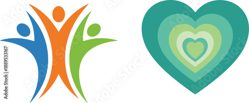 Abstract human figures and layered heart symbol representing love care wellness unity modern colorful vector illustration design