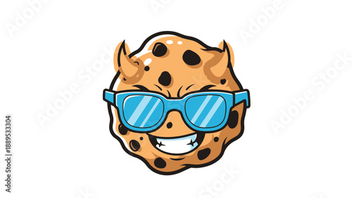 Cool Cookie Character Wearing Blue Sunglasses with Devil Horns Smiling, Cartoon Illustration on Black Background