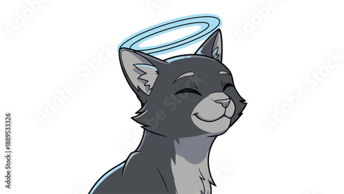 Adorable Cat Character with Angelic Halo Smiling Peacefully on Solid Black Background, Cute Pet Animal Illustration