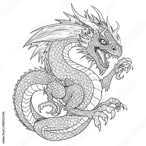 Scaled beast with spikes and claws; lined drawing