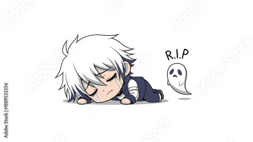 Chibi Boy Character Lying on Ground, Crying with Black Tears, Accompanied by a Sad Ghost and R i p Text