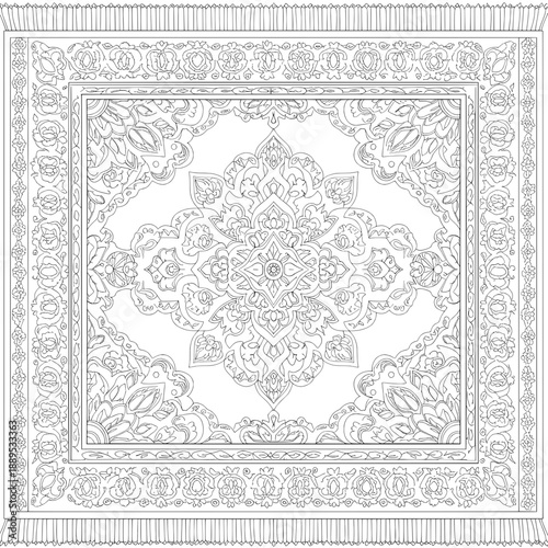 Detailed ornate carpet with floral edges, central geometric medallion