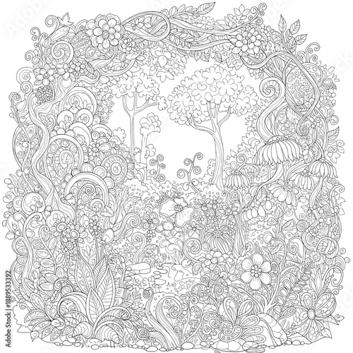 Intricate forest scene, filled with elaborate foliage, flowers, and trees in a detailed drawing