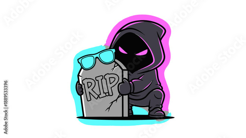 Cartoon Character Holding Rip Tombstone