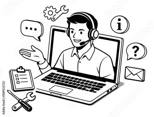 Hand drawn illustration of a support agent depicting online assistance for customer service