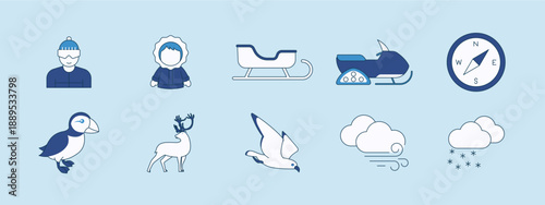 Set of 10 arctic icons pack. Flat outline icons collection. Simple flat illustration concepts.