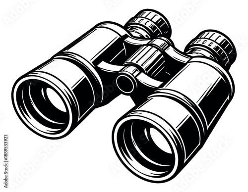Line art illustration of binoculars depicting observation equipment for outdoor activities and travel
