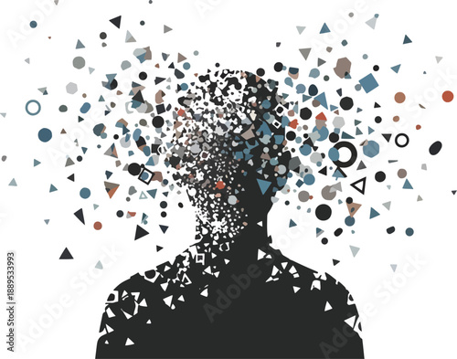 Silhouette of a human head and shoulders dissolving into colored geometric particles