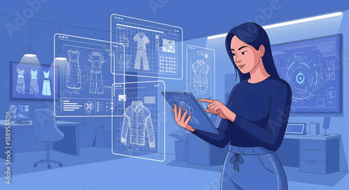 Woman using digital tablet for fashion design and virtual clothing.