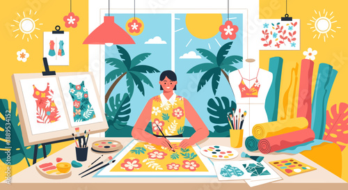 Artist at Work Crafting Vibrant Textile Designs in a Sunny Studio.