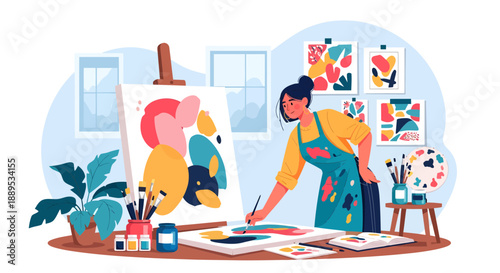 Artist Creating Abstract Painting in Studio with Easel and Supplies.