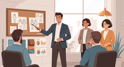 Business Presentation Man Explaining Design to Colleagues in Office Setting.