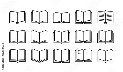 Linear open book icon set with paper pages outline vector illustration isolated on white