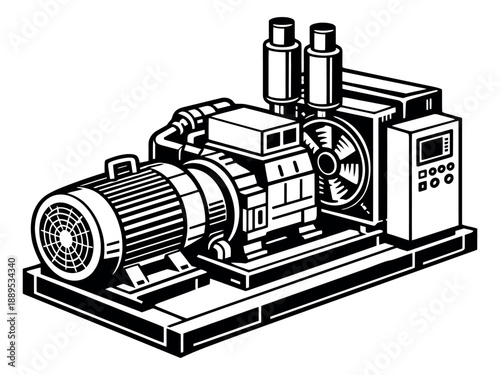 Bold line art illustration of an industrial compressor depicting heavy machinery for manufacturing