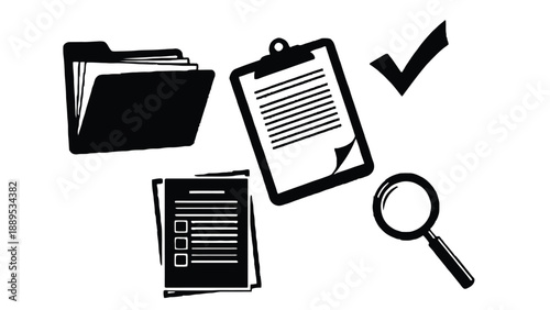 A collection of office supplies and documents for organization and verification