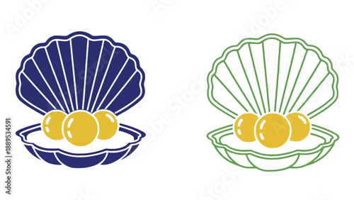 A graphic illustration of two open scallop shells with pearls inside