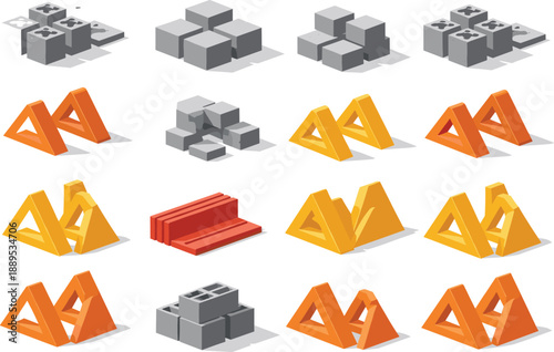 Isometric construction blocks and geometric building elements set, concrete bricks and structural shapes, modern industrial vector illustration
