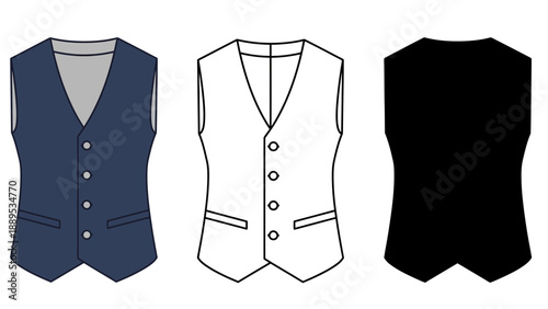 Three different colored waistcoats on a plain white background