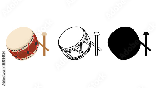 A colorful illustration of three different drum designs with mallets